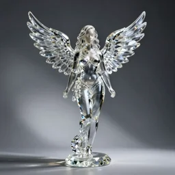 a transparent crystal glass statue of a Rihanna with wings on it's back, studio photography, detailed, in focus