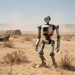 scrap yard for robot outcasts, desert landscape, dried vegetation, drought, sunny, photorealistic, blurred horizon, dust storm