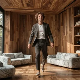 a room floating in a house made of air and wood modern marble couches and a grinning man