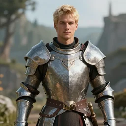 a handsome blonde male human paladin, short hair, ultra detailed, cinematic shot, photorealistic, octane render, high definition, drawn by aenaluck, fine details, 8 k, with nature background