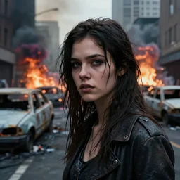 post - apocalyptic city streets, close - up shot of a beautiful anarchist girl, burned cars, explosions, colorful smoke, hyperrealistic, gritty, damaged, dark, urban photography, photorealistic, high details