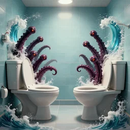 sideview of  tentacles coming out of toilet bowls with angry red gowing eyes  epic battle pose ruling the world ,  action scene pose in bathroom ,  studio light, wapor wave retro design  by greg rutkowski