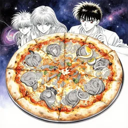 cosmic pizza, watercolor, pen and ink, intricate line drawings, by Yoshitaka Amano, Ruan Jia, Kentaro Miura, Artgerm, detailed, trending on artstation, hd, masterpiece,