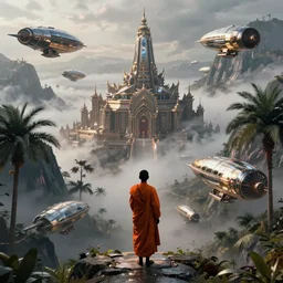 a single buddhist monk with an orange robe silhouette, shiny metallic sci fi airships with reflections sci fi high detailed valley with palm trees, high camera angle, mystic atmosphere, a detailed metallic temple on a misty mountain, shiny metallic airships with reflections, volumetric fog, perspective painting, atmospheric shot, cinematic establishing shot, high detail digital painting, in the style of brian despain, dystopian,