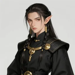 half elf character in a black robe with golden accessories. Braided hair and large earrings. fantasy character, detailed illustration, hd, 4k, digital art, overdetailed art, concept art, by greg rutkowski, by Alfons Mucha, complementing colors, Trending on artstation, deviantart