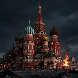 Moscow in fire, abandoned, ruined, realistic, dark, cinematic, 8k render, full HD