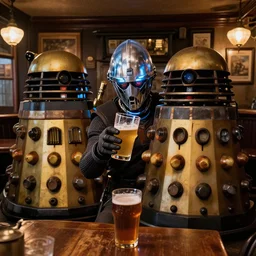 a cybermen is getting very drunk with a dalek in a traditional british pub