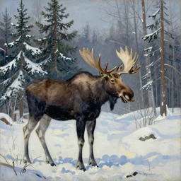 paul gaugin style painting, moose in winter forest, spruce trees