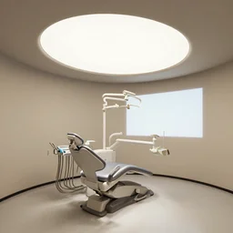 low ceiling oval shaped room interior with ceramic dentist chair and movie projected onto walls, octane render, intricate details