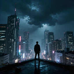 shot of the alone man standing on the roof during rain, looks at impressive cyberpunk city at night during great storm, nightscape, futuristic architecture, realistic photo, neons, blade runner, akira style, cinematic lighting, cinematic angles