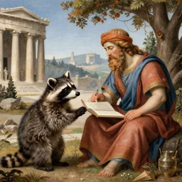 a racoon teaching philosophy in the academy of athens in ancient greece, highly detailed renaissance style painting