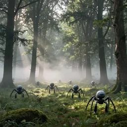 beautiful landscape shot with spider robots walking through mist, atmospheric, fog, atmospheric perspective, beautiful, German forest, wide angle, photorealistic, concept art