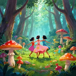 a bright magic forest, with multicolored mushrooms and forest creatures dancing in the rain