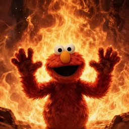 extremely scary horror portrait of elmo with both his hands raised in front of massive endless apocalyptic flames, epic fantasy art by michael whelan