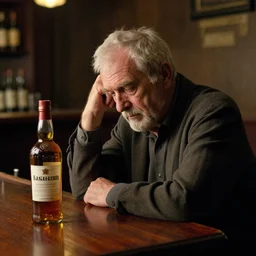 an old man sitting on the table at the bar, whisky bottle on the table, looking sad and lonely