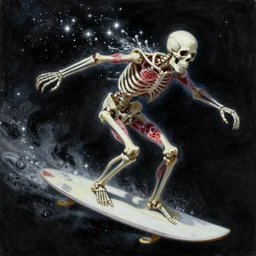 painting by wayne barlowe and zdzisław beksinski, a ghost inside meat coated skeleton, stardust and sparks and glitter sparking in the air, skeleton riding an asteroid surfboard in space