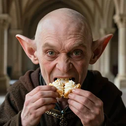 closeup profile face portrait of a medieval goblin eating cakes in the cloisters, depth of field, zeiss lens, detailed, symmetrical, centered, fashion photoshoot, by annie leibovitz and steve mccurry, david lazar, jimmy nelsson, breathtaking, 8 k resolution, extremely detailed, beautiful, establishing shot, artistic, hyperrealistic, beautiful face, octane render