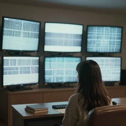 a girl watching a lot of television screens static on a room, 8 mm, found footage