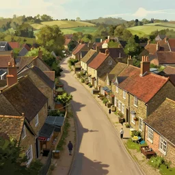 curved perspective digital art of a typical english village from midsummer murders from petros afshar, 1 5 ° camera angle,