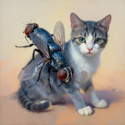 painting of hybrid between fly & cat, intercrossed animal, by zdzislaw beksinski, by lewis jones, by mattias adolfsson, cold hue's, warm tone gradient background, concept art, beautiful composition, digital painting