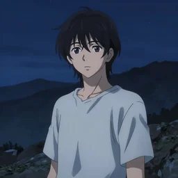 young adult, male, medium length black hair, brown eyes, pale skin, standing on a mountain, nightime, anime style