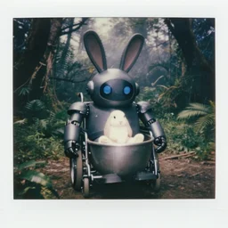 dark night oversized battle rabbit robot chubby fatmech trailer bucket bowl wheelchair with big ears with rabbit sitting inside, in jungle forest, full body, nighttime, cinematic focus, polaroid photo, vintage, neutral dull colors, soft lights, foggy, overcast by oleg oprisco, by thomas peschak, by discovery channel, by victor enrich, by gregory crewdson