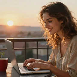 sunrise on the balcony. a cheerful young woman with messy hairstyle is typing on her laptop. half of her body can be seen. a red coffee mug can be seen on the table next to the laptop. sunlight is beautifully lighting the face. depth of field, in the sun, backlit, closeup, oil on canvas, art by botticelli 1 4 9 9, in the style of the birth of venus, smooth, renaissance, florentine painting, 8 k