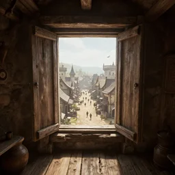 dry arid delicious view from standing inside the interior dingy wooden fort tower room window looking out at the bustling medieval town streets below atmospheric unreal engine hyperreallistic render 8 k concept art masterpiece screenshot from the video game bioshock infinite 2 7 0 0 k global illumination