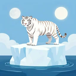 a illustration white tiger standing on the top of a iceberg surrounded by ocean, an moon on the top, icebergs in the distance, sacried, peaceful, elegent, high quality, tones of blue, by outcrowd