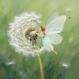 a beautiful fairytale painting of a dandelion seed fairy