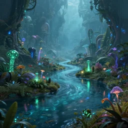 a landscape with alien plants and rivers, bioluminiscense, artstation, volumetric light, high detail, reflections, perfect, concept art, hdr, 4 k