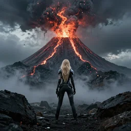 volcano eruption post apocalyptic scene with a long - haired blonde cyber girl standing alone futuristic mad max bladerunner stormy weather
