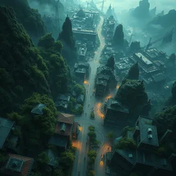 a painting of a cinematic keyframe of a post apocalyptic city covered by nature roads seen from above rendered by studio ghibli, cenital shot, by greg rutkowski, rule of thirds, golden ratio, ambient lighting, wlop, artgerm, artstation, highly detailed masterpiece, dark fantasy art, high detail, trending on artstation