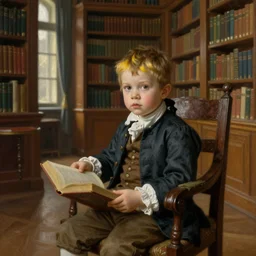 museum painting, wide - shot, 1 2 years old pale boy with short brown yellowish hair, wearing clothes of 1 8 th century, in the library, in a chair with a book, sharp focus, highly detailed, digital art, oil painting, masterpiece, by artgerm, by greg rutkowski, by mucha, by kinkade