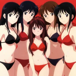 black and red. close - up princesses posing together in bikini. by takashi takeuchi, yoshiyuki sadamoto, amagaitaro, makoto shinkai, krenz cushart, asao urata, pixiv