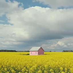 still frame from a wes anderson movie of a meadow with a small pink farm house and rapeseed field, massive clouds, 1 6 mm f 1. 4 lens, nikkor, canon, sigma, award - winning landscape photography