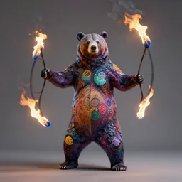 bear spinning fire poi, painted by lisa frank, alex grey and tim hildebrandt, highly detailed, dmt, lsd, psilocybin, sharp focus, sharp contrast, 8 k