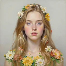 a realistic oil painting of a girl resembling karen gillan, covered in flowers, highly detailed, intricate, detailed background, artstation, by mucha, by william adolphe bouguereau, by waterhouse