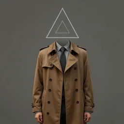 a man without a head in a brown trench coat, the man’s head is replaced by an outline triangle with a smaller triangle inside it, digital art, 4k,