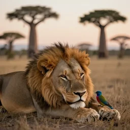 a full body shot, detailed photograph of a dreaming lion head, ( ( a little coloured bird ) ), beautiful low light, savana background ( ( ( baobab ) ) ), volumetric evening lights, photorealism, hasselblade shot, 4 5 mm, by franz lanting