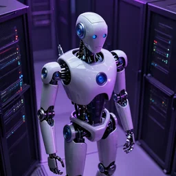 hyperrealistic medium shot robot cyborg in data center server! by stanley kubrick highly detailed concept art zdzisław beksinski william gibson cinematic low purple lighting high angle hd 8 k sharp shallow depth of field