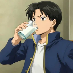 candid shot of Edward Elric chugging a glass of milk in the style of Studio Mir