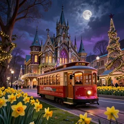 haunted holiday in christchurch new zealand tram cashel mall hagley park daffodils high quality 8 k render digital fantasy art beautiful stunning. intricate. ornate. wonderful. utopia.