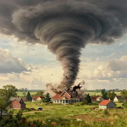 photo realistic panoramic landscape painting of dorothy's town being taken away by a giant twisting tornado, home getting torn out and flying into the tornado, in the art style of dr. who, rule of thirds, centered, highly detailed, seamless wizard of oz kansas farm environment, early morning, vivid color, 8 k