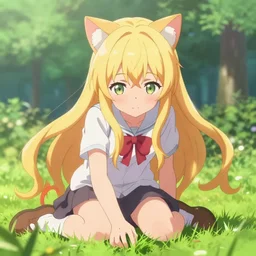3 d photo of an anime girl with cat ears and long blond hair sitting down, reaching over to grab grass, bokeh, shader, anime art style, highly detailed, cel - shaded, colorful, animated, trending