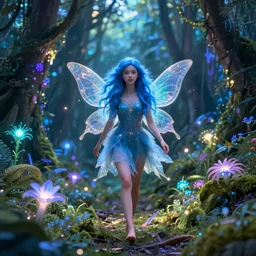 beautiful fairie girl with flowing blue hair, walking through a bioluminescent magical forest, magical, dreamy, cinematic lighting, beautiful lighting, hyperdetailed, passionate, 4 k render, octane 3 d render, artstation
