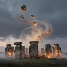 masterpiece painting of glowing stonehenge pieces scattered flying high in the air, wrapped in swirling fog, swirling dust particles, cinematic shot, volatile weather, chaos, mysterious, dynamic, dusk, concept art, by greg rutkowski