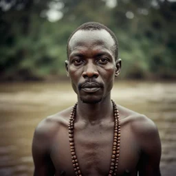 very realistic photo!!!  blurry!! vignette !!! close up medium shot of nigerian tribal magician  man looking at the camera  ,. background: jungle river, very heavy vignette!!!, dramatic dark ,1900s picture
