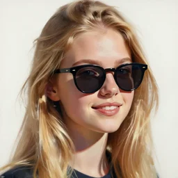portrait painting of woman from scandinavia, teenager, blonde hair, daz, occlusion, smiling and looking directly, cool sunglasses, brushstrokes, white background, art by enki bilal