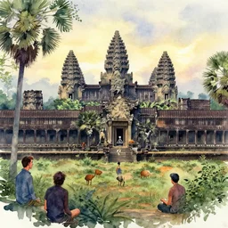 expressive watercolor sketch of angkor wat in the jungle by thomas w schaller and gregory manchess and liu yi and ( ( craig mullins ) ), at dawn, matte painting, fade out!, masterpiece, epic